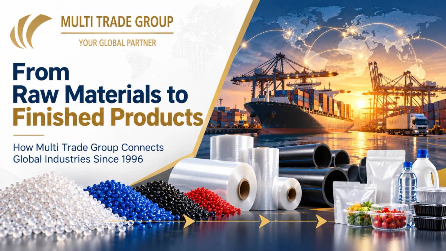 Editorial artwork supplied with the article, showing Multi Trade Group and illustrated polymer raw materials, logistics and finished-product applications