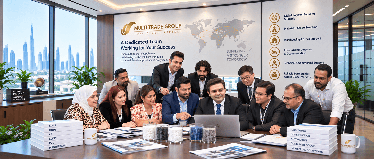 Multi Trade Group team working together with polymer samples