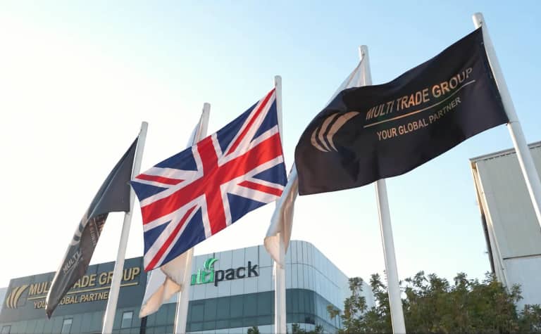 Illustrative United Kingdom flag with Multi Trade Group branding