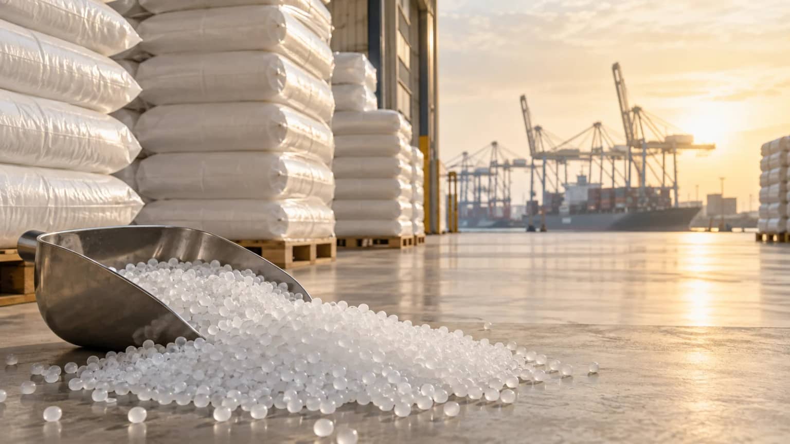 Illustration of polymer resin pellets, bagged materials and port logistics for B2B polymer trading in the UAE