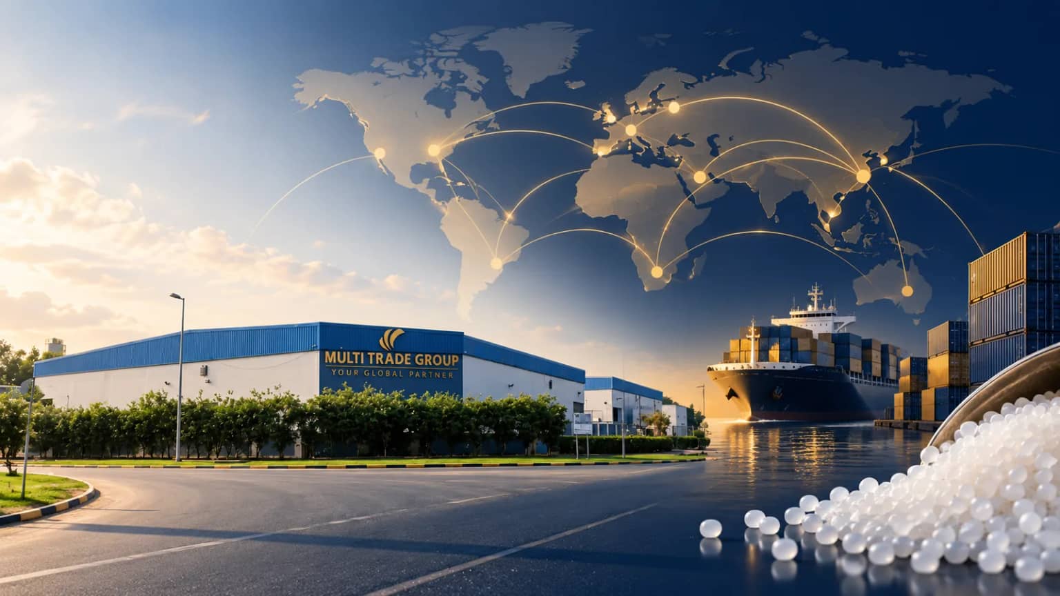 Editorial composite of Multi Trade Group's UAE facility with illustrated global trade routes, a cargo ship, containers and polymer pellets