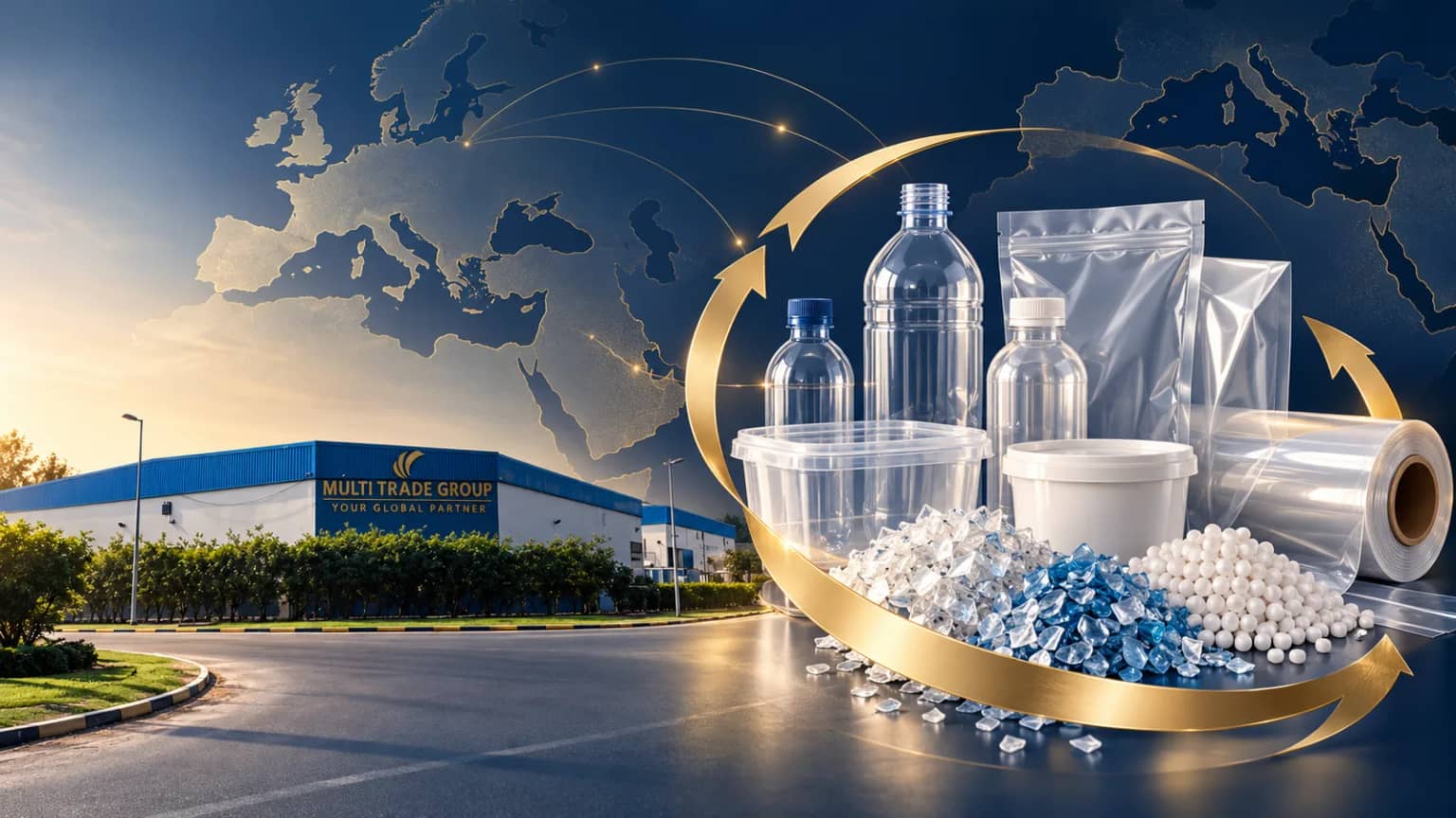 Editorial composite of Multi Trade Group's UAE facility with illustrated packaging, polymer pellets, recycled flakes and circular material flows