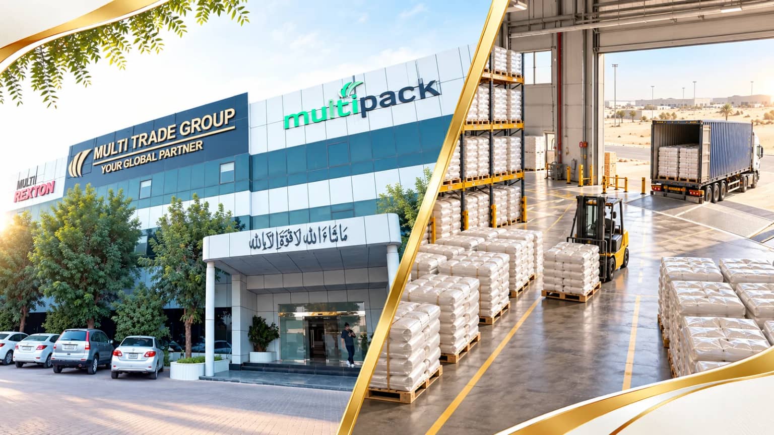 Editorial composite of Multi Trade's headquarters and an illustrative polymer distribution warehouse and container dispatch scene