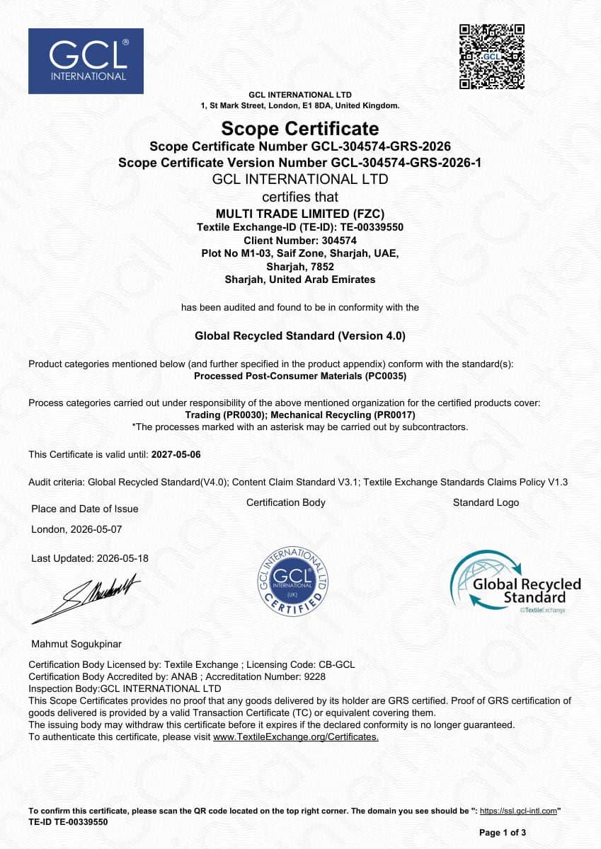 Global Recycled Standard Scope Certificate certificate preview