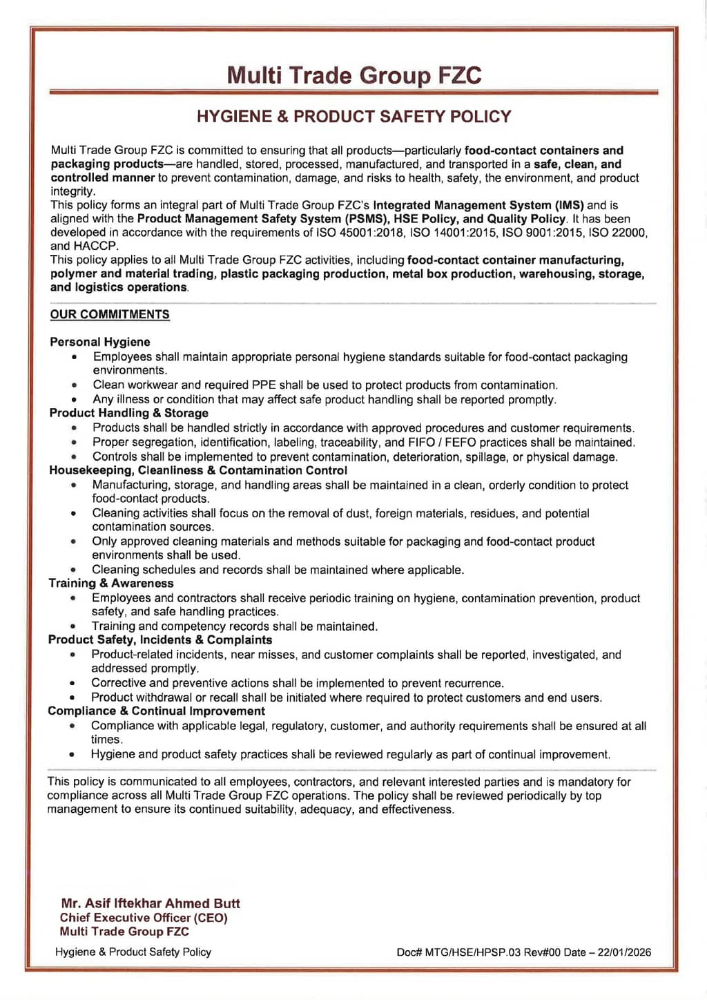 Hygiene & Product Safety Policy preview
